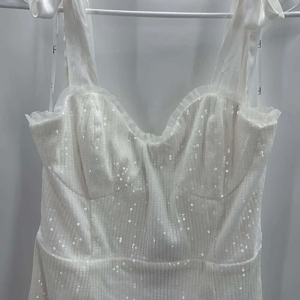 Lulus Glowing Intentions White SEQUIN Bustier Tie-Strap Mini Dress size M NWT - Picture 7 of 16